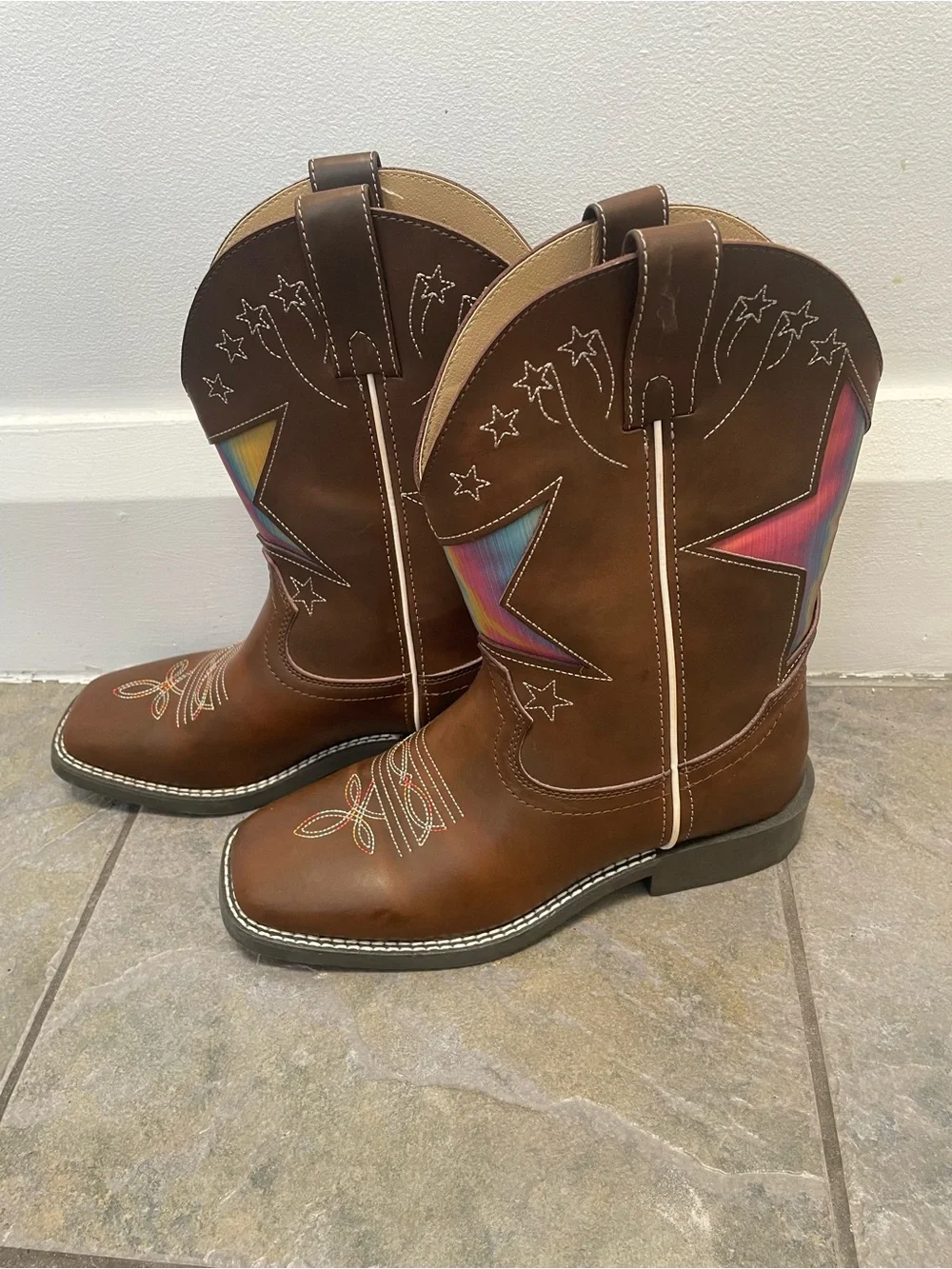 Shyanne Brown Kids Cowboy Boots with Rainbow Star Panels